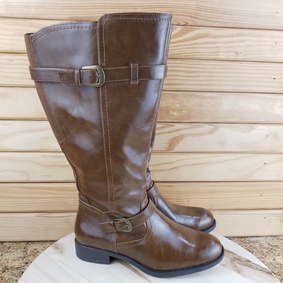 wear ever Shoes Brown Riding Boots Side Zip Buckle Biker Faux Leather 9 Wide New Wear Ever